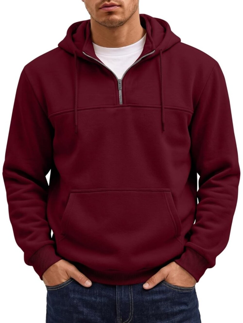 Men's Wine Red Quarter ZIP Casual Pullover Essentials Plain Sweatshirt Hoodies